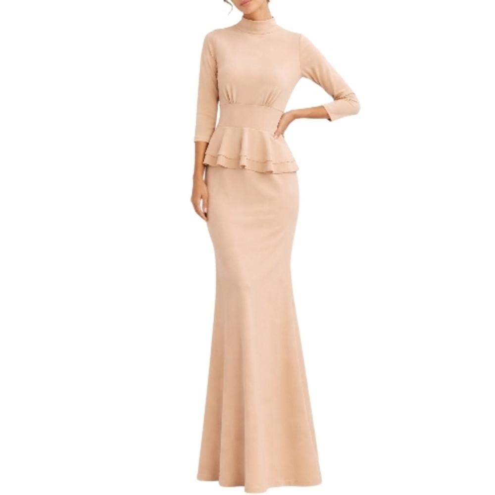 Chiara Boni Nude/Sand/Beige Italy Peplum Maxi Dress Stretch Fitted Elegant Gown - Picture 4 of 13